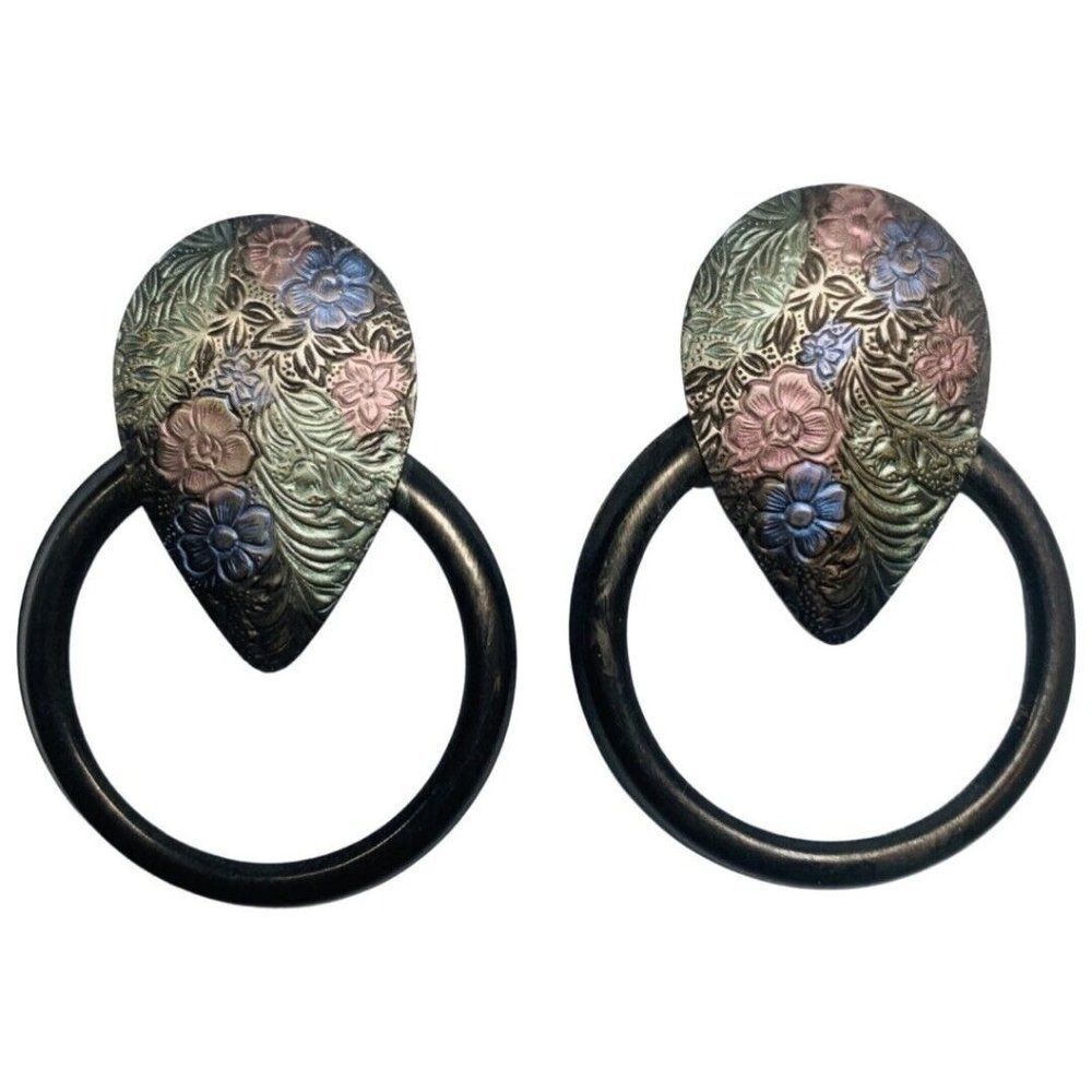 Vintage Women’s Pink Purple Enamel Engraved Flowers Large Door Knocker Earrings